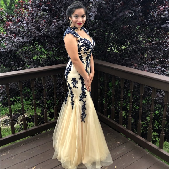 Dresses | Navy Blue Creamy Beige Prom Dress | Poshmark